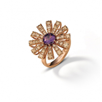 Pink gold, brown diamonds and amethist ring